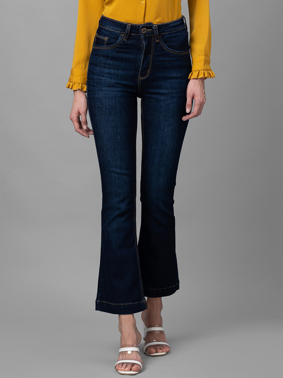 

Globus Women Navy Blue Bootcut High-Rise Light Fade Stretchable Cotton Jeans