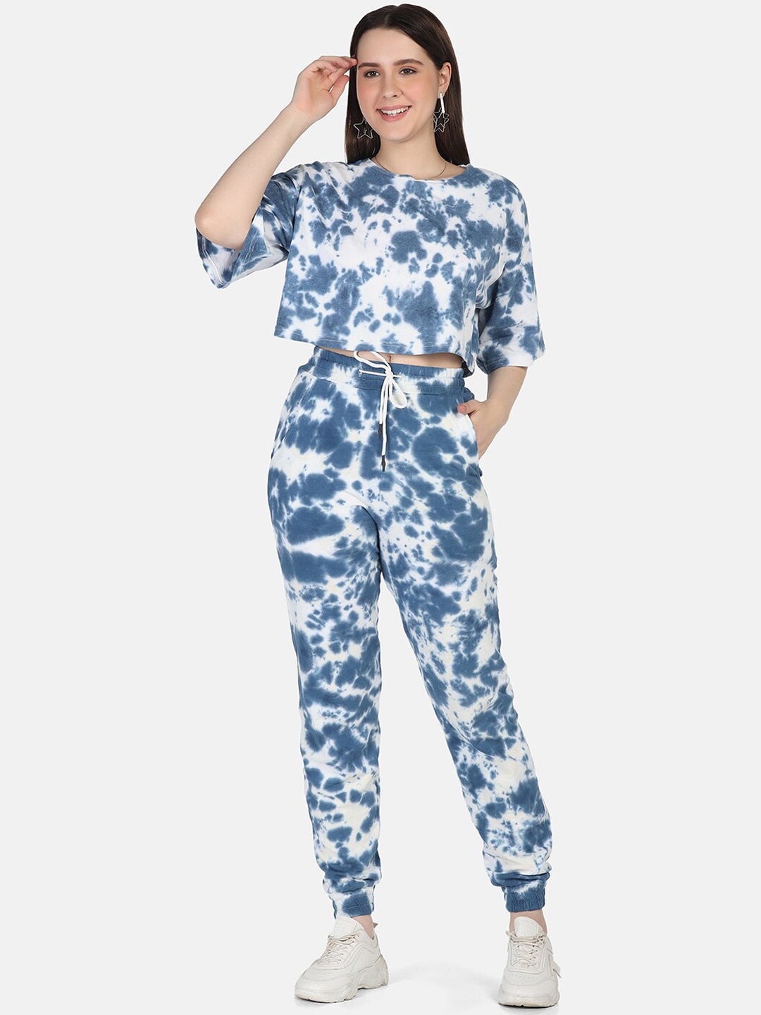 

Aesthetic Bodies Women Blue & White Tie-Dye Cotton Top and Jogger Co-Ords, Navy blue
