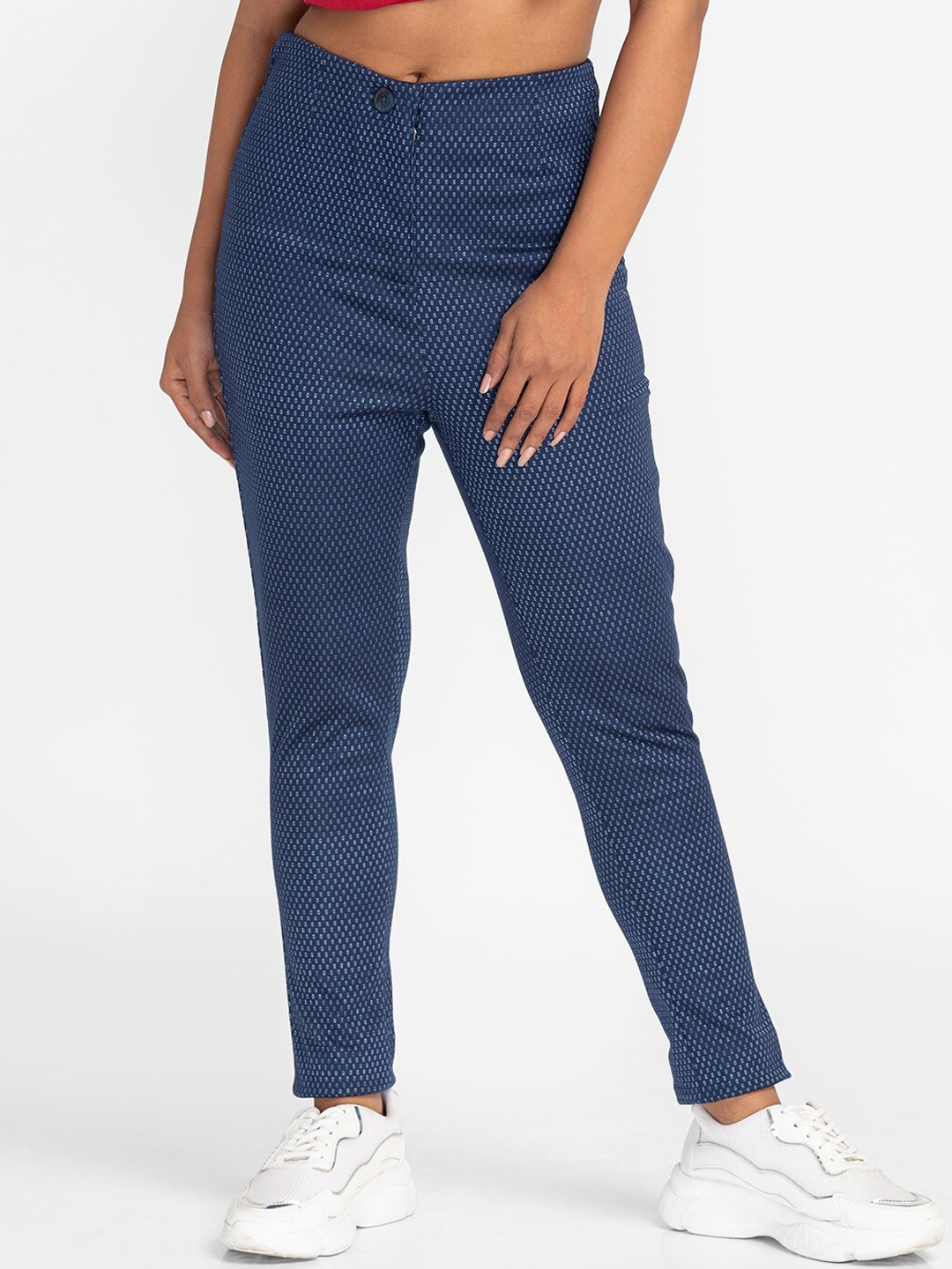 

Globus Women Navy Blue Printed Slim Fit High-Rise Trousers