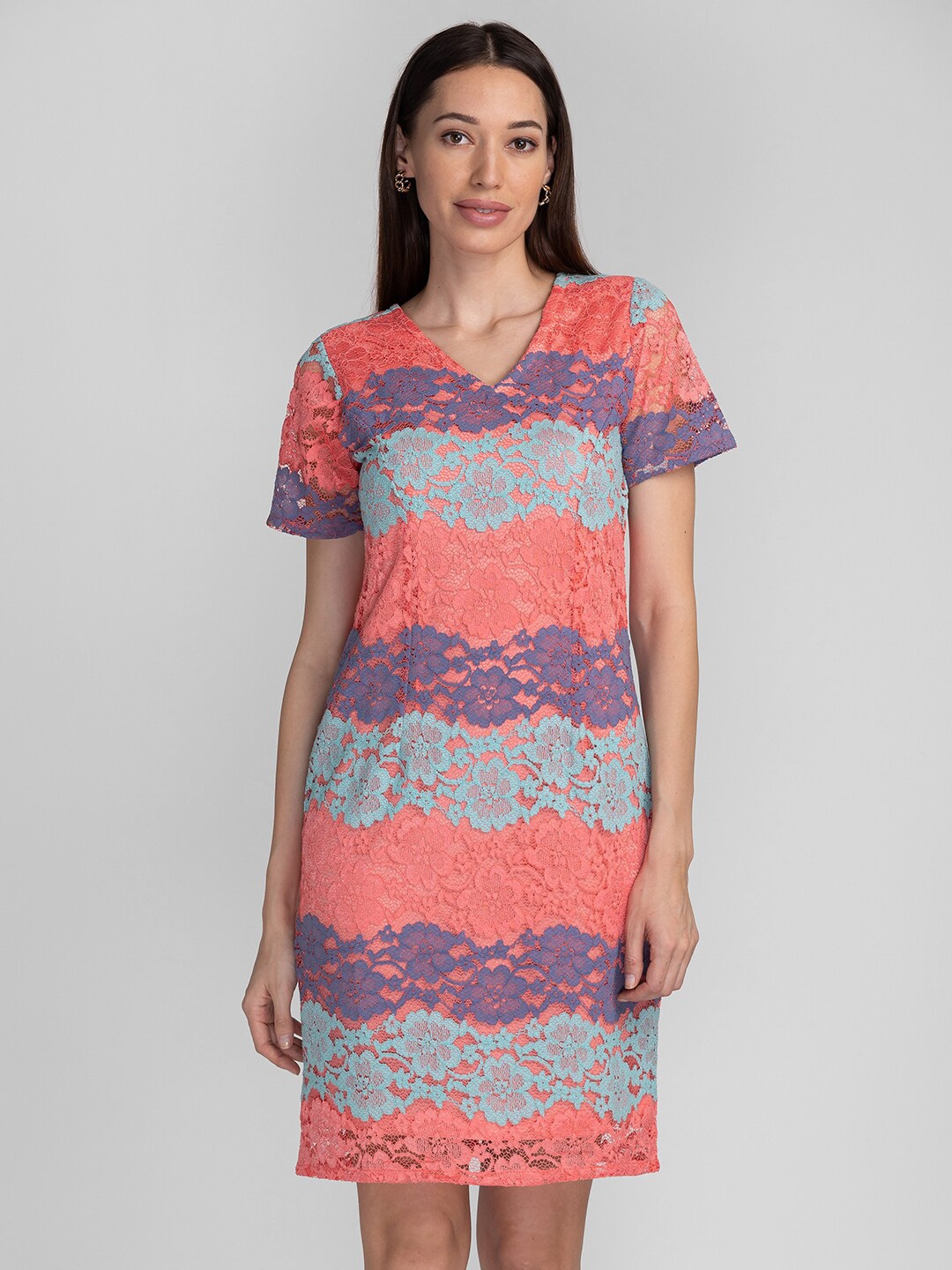 

Globus Women Coral & Blue Floral Lace Sheath Dress