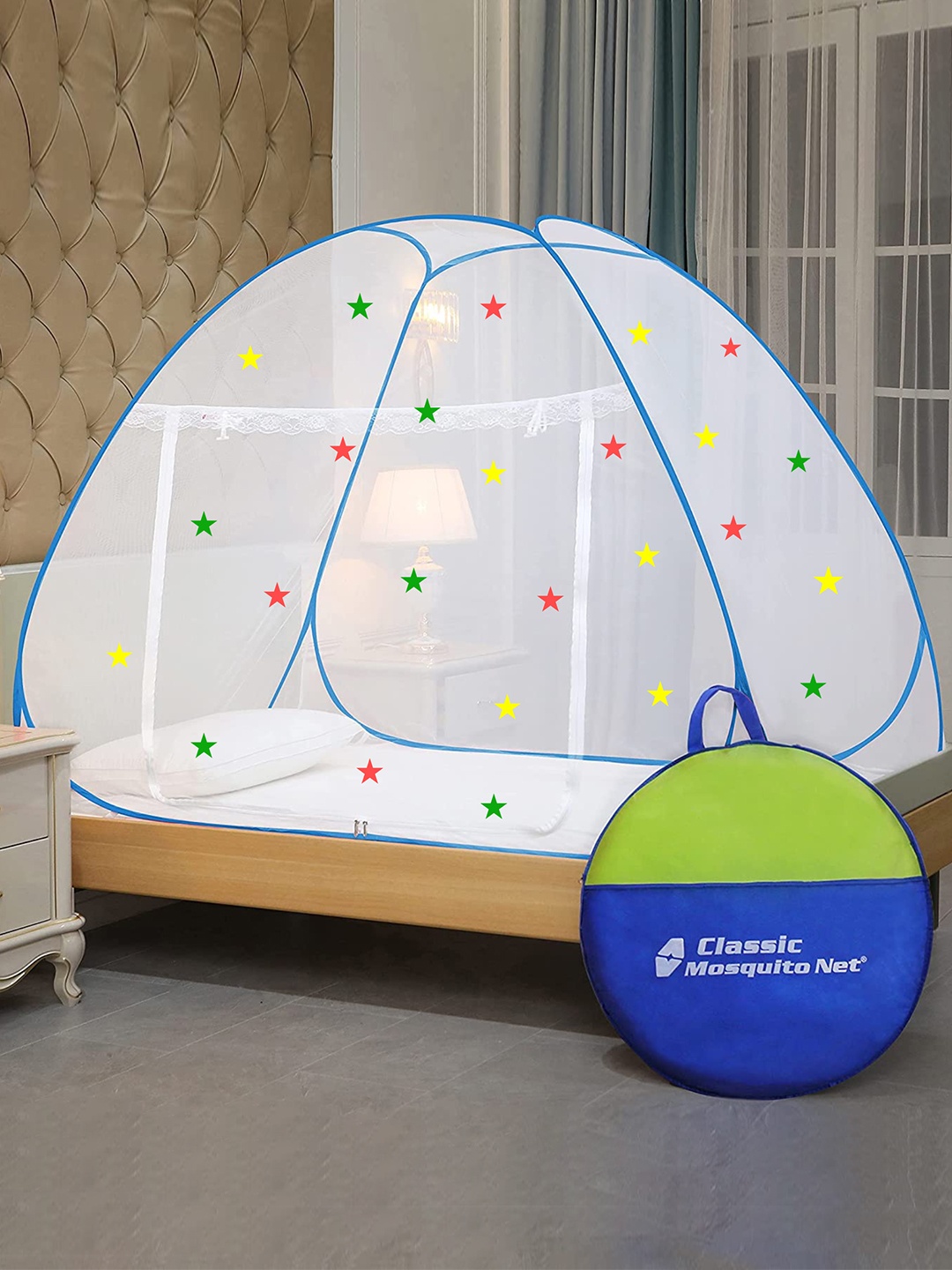 Classic Mosquito Net Blue Solid Mosquito Nets & 30 assorted Stars, White