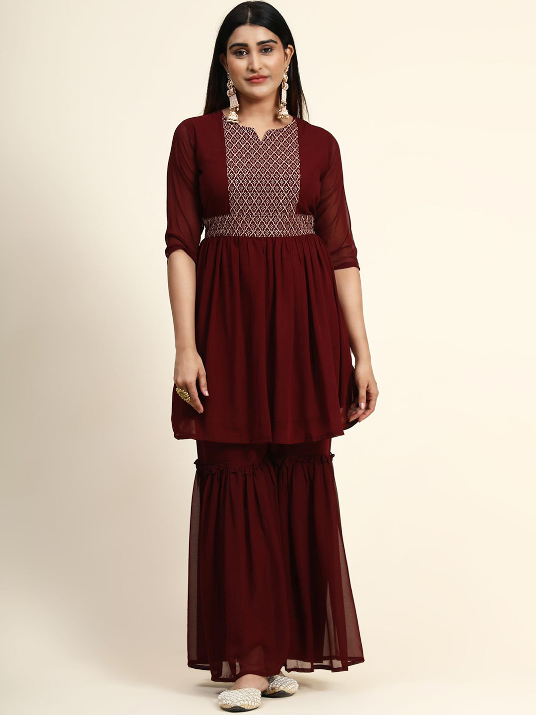 

KALINI Women Maroon Ethnic Motifs Embroidered Thread Work Kurta with Sharara & Dupatta