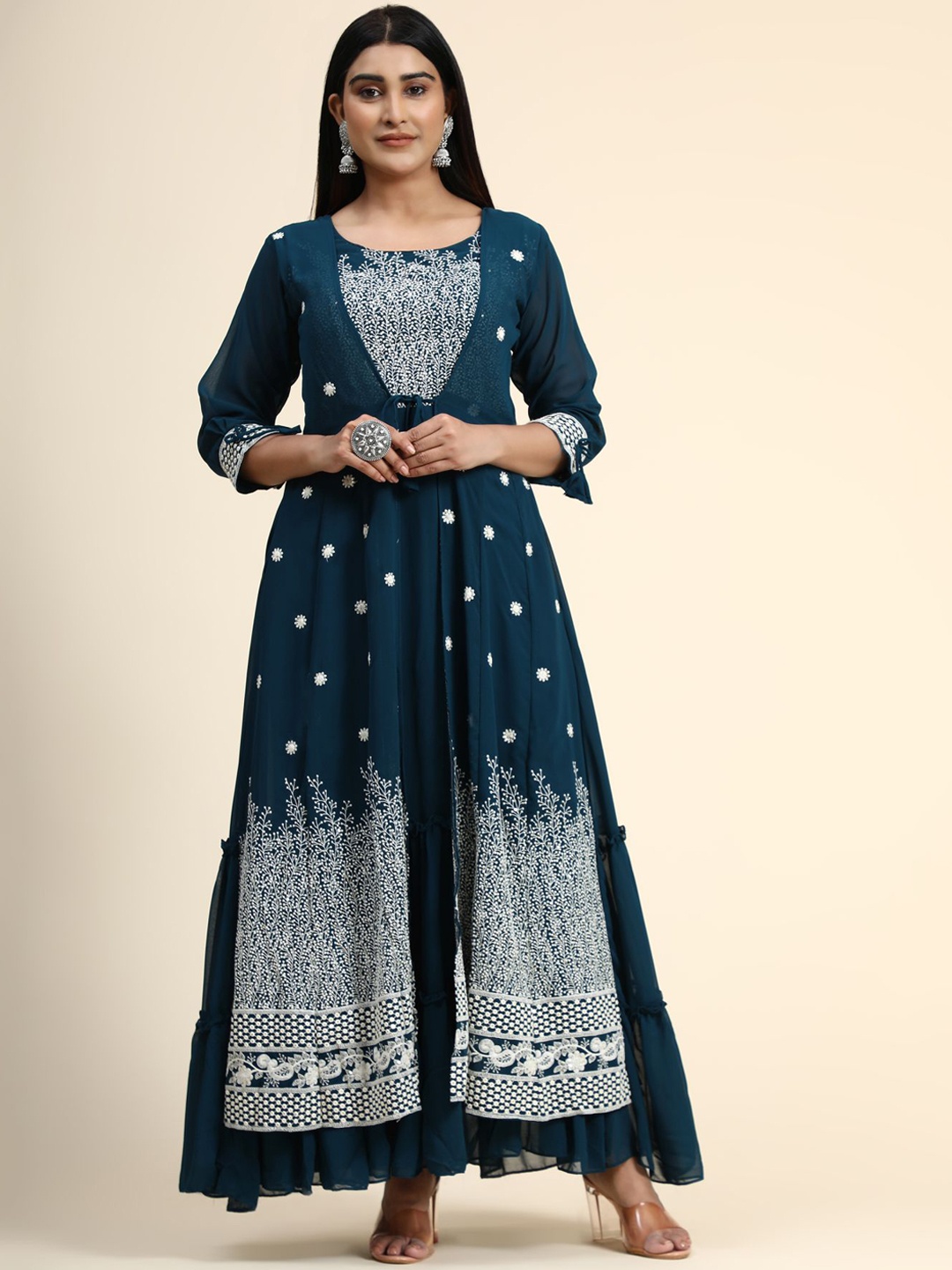 

KALINI Women Navy Blue Ethnic Motifs Embroidered Layered Thread Work Kurta with Palazzos