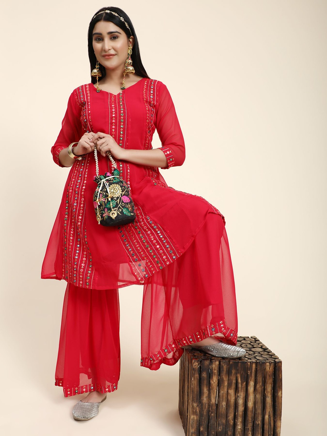 

KALINI Women Red Embroidered Panelled Mirror Work Kurta with Sharara