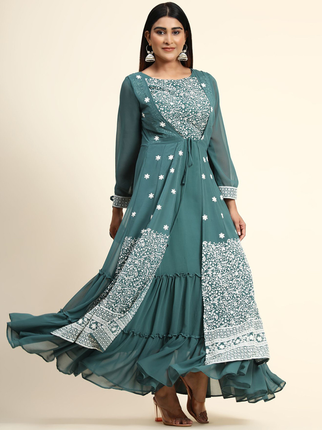 

KALINI Women Green Embroidered Layered Thread Work Kurta with Palazzos