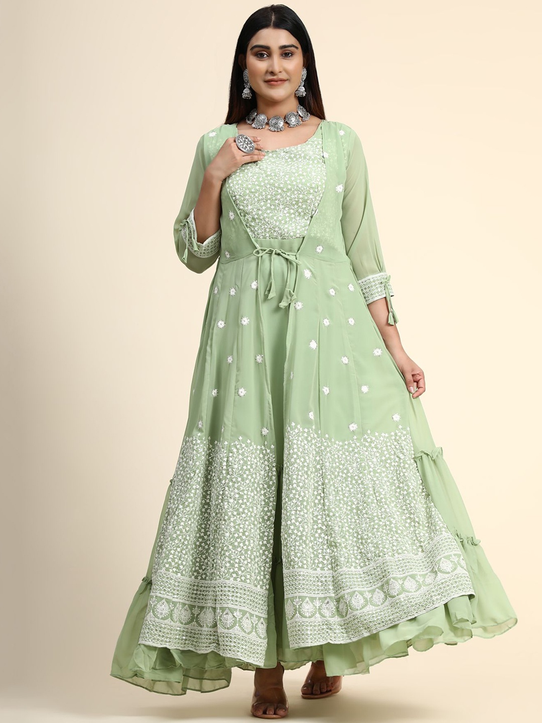 

KALINI Women Green Floral Embroidered Layered Thread Work Kurta with Palazzos