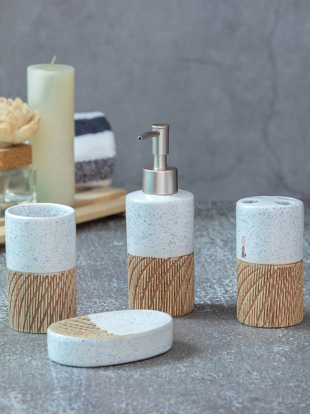 

GOODHOMES Set Of 4 White & Cream Textured Printed Ceramic Bathroom Accessory Set