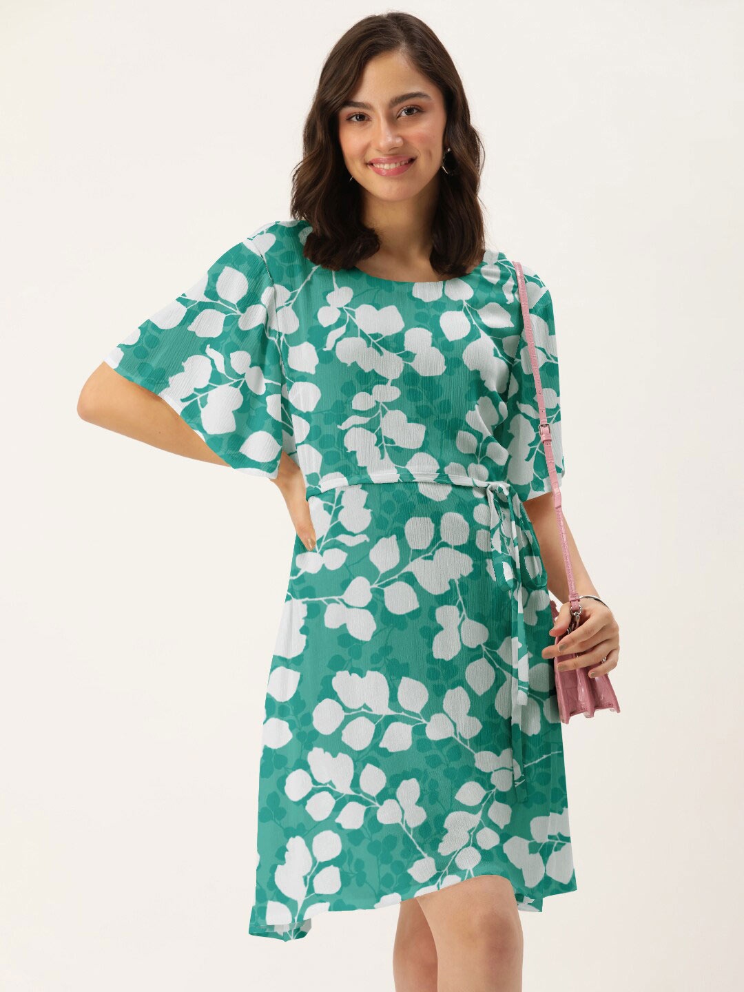 

DressBerry Green & White Floral Printed Crepe A-Line Dress