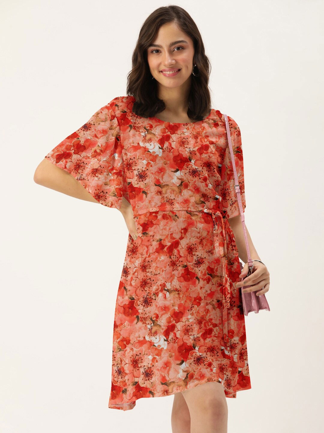 

DressBerry Floral Printed Crepe A-Line Dress, Peach