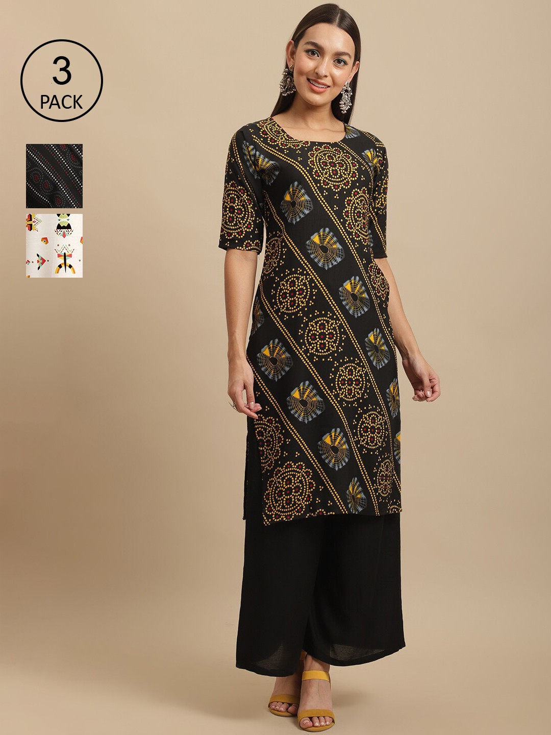 

7Threads Pack Of 3 Floral Printed Crepe Kurtas, Black