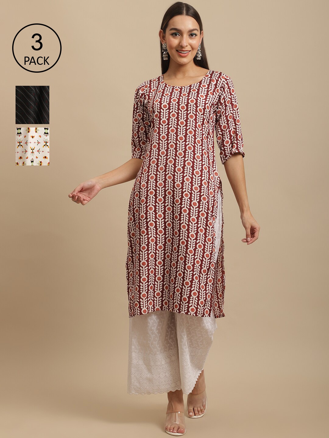 

7Threads Women Maroon & Brown Ethnic Motifs Printed Crepe Kurta