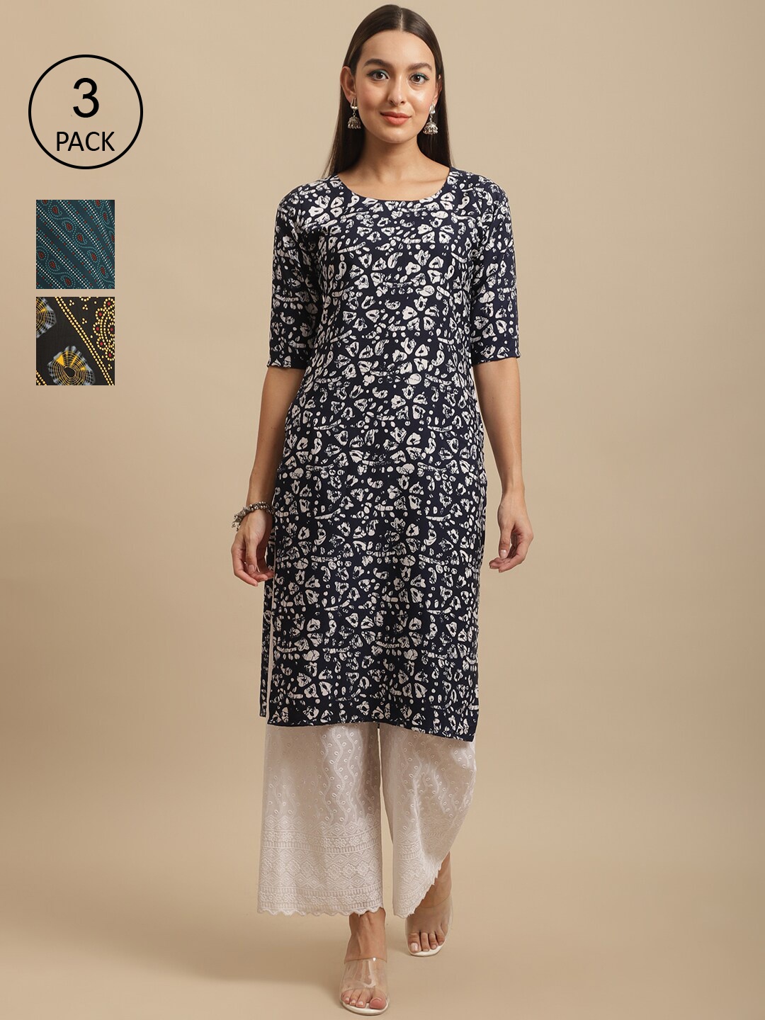 

7Threads Pack Of 2 Geometric Ethnic Motifs Printed Round Neck Crepe Kurta, Multi