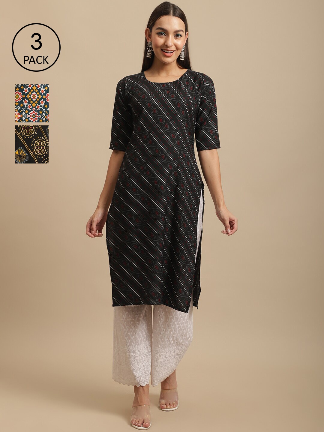 

7Threads Women Black & Green Pack Of 3 Ethnic Motifs Printed Handloom Crepe Kurta