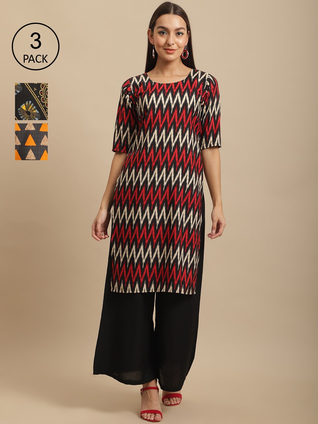 

7Threads Women Red & Olive Green Pack Of 3 Geometric Printed Handloom Crepe Kurta
