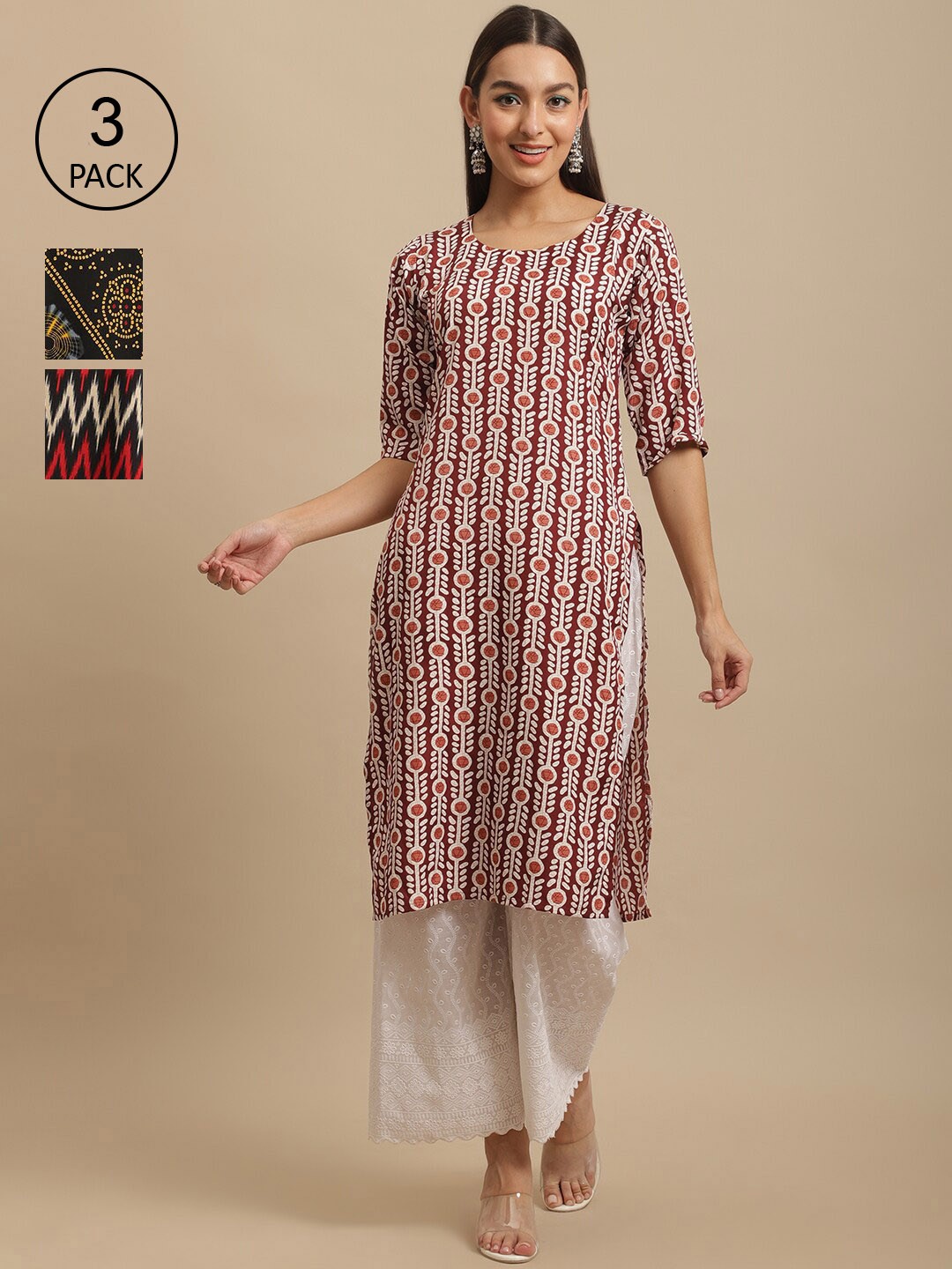 

7Threads Women Maroon & Black Geometric Printed Block Print Handloom Crepe Kurta