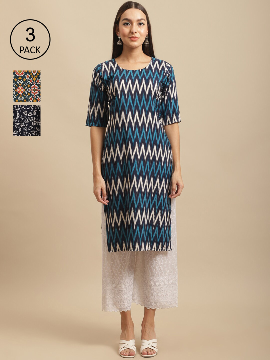

7Threads Women Blue & Black Geometric Printed Block Print Khadi Handloom Crepe Kurta
