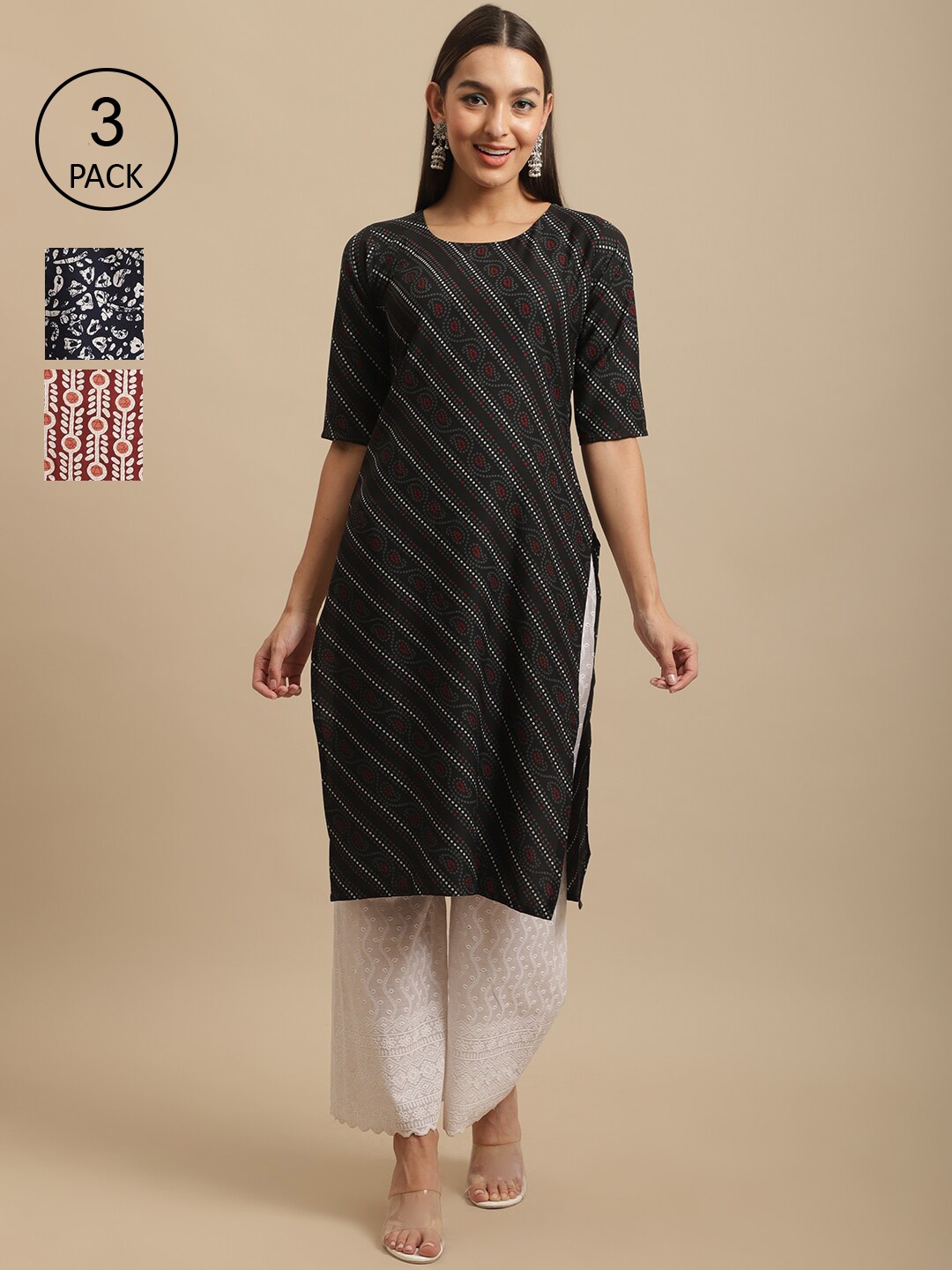 

7Threads Geometric Printed Block Print Handloom Straight Regular Crepe Kurta, Black