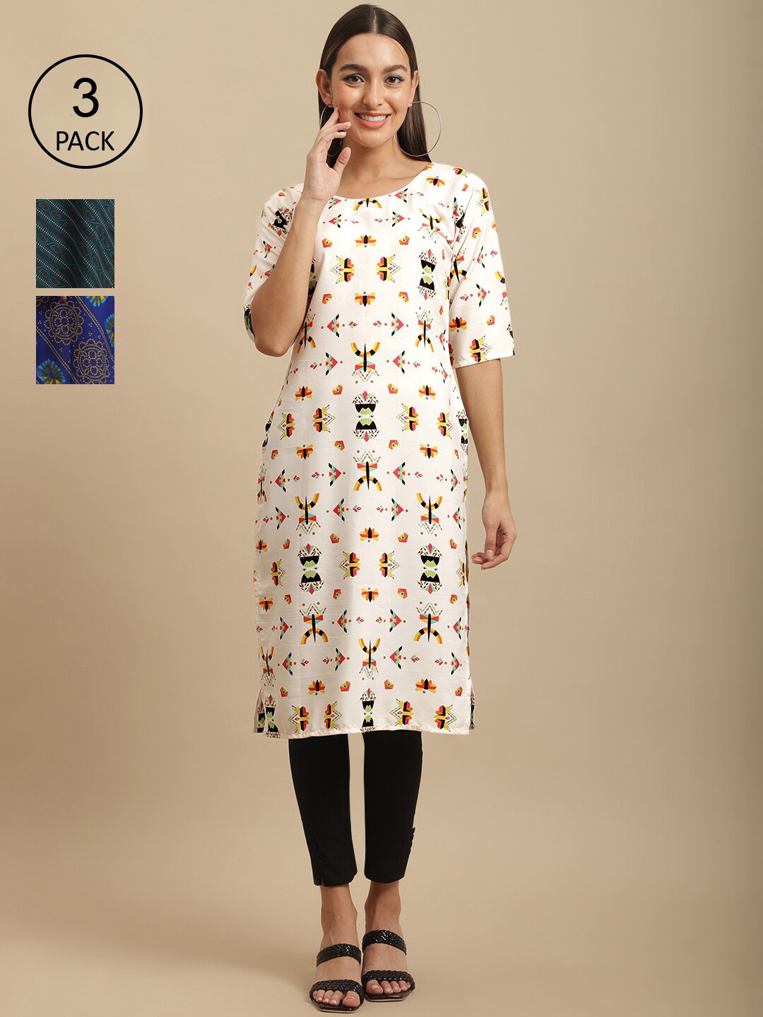 

7Threads Women Multicoloured Bandhani Printed Keyhole Neck Thread Work Block Print Handloom Crepe Kurta, Multi