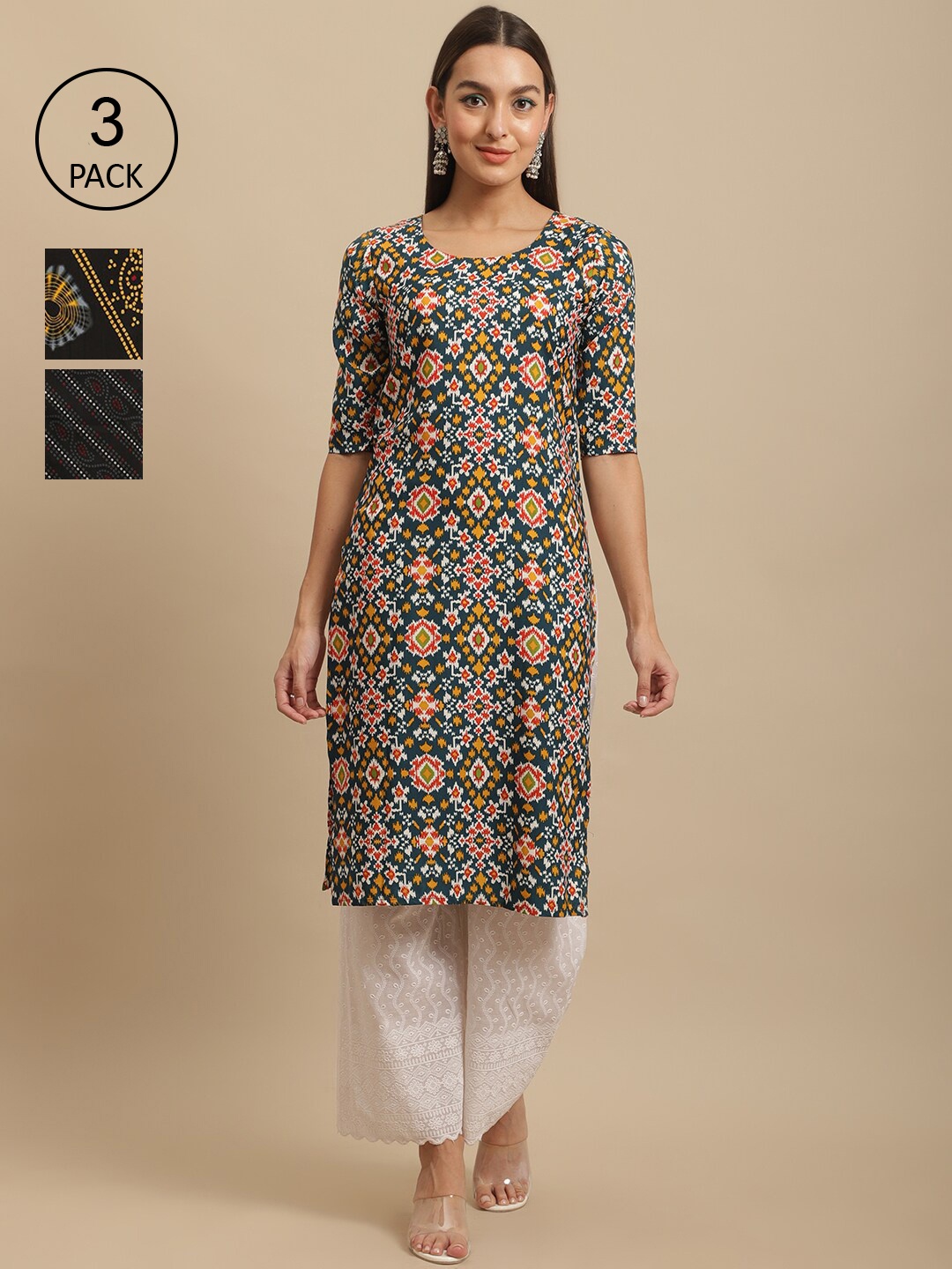 

7Threads Pack Of 3 Digital Printed Crepe Straight Regular Kurta, Teal