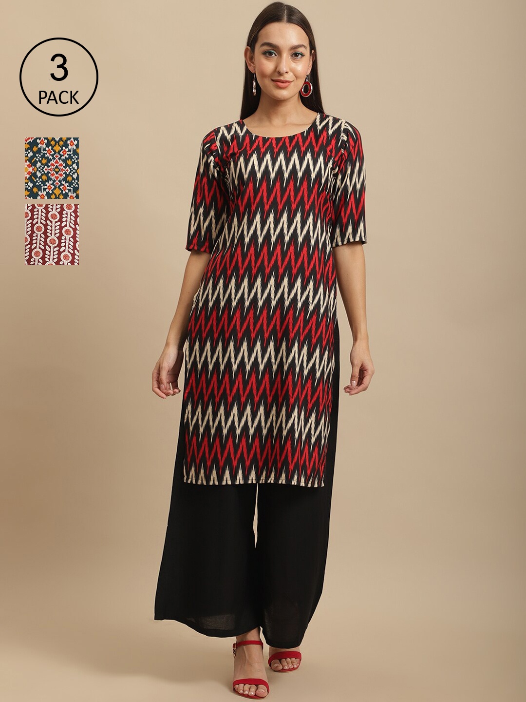 7Threads Pack Of 3 Digital Printed Straight Fit Kurtas, Maroon