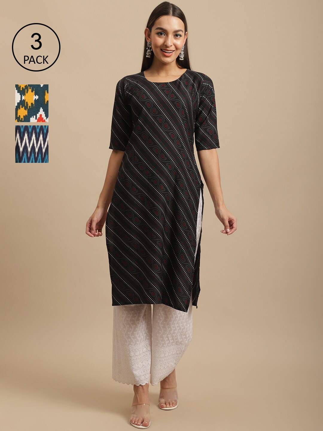 

7Threads Pack Of 3 Digital Printed Straight Fit Crepe Kurtas, Black
