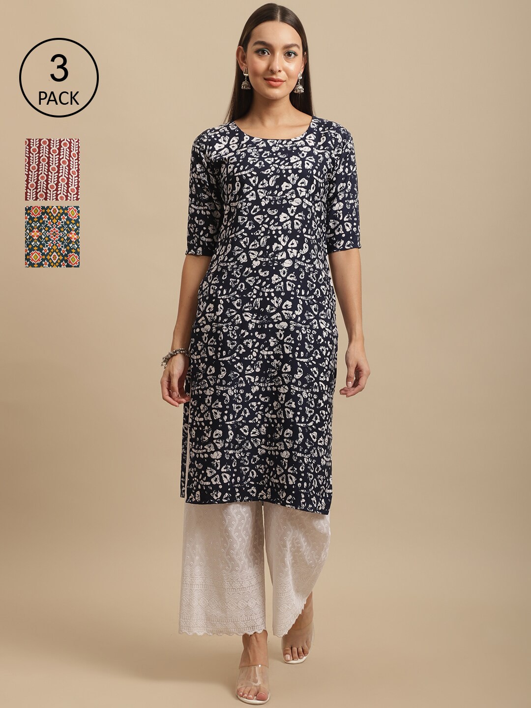 

7Threads Women Pack Of 3 Ethnic Motifs Printed Crepe Kurta, Black