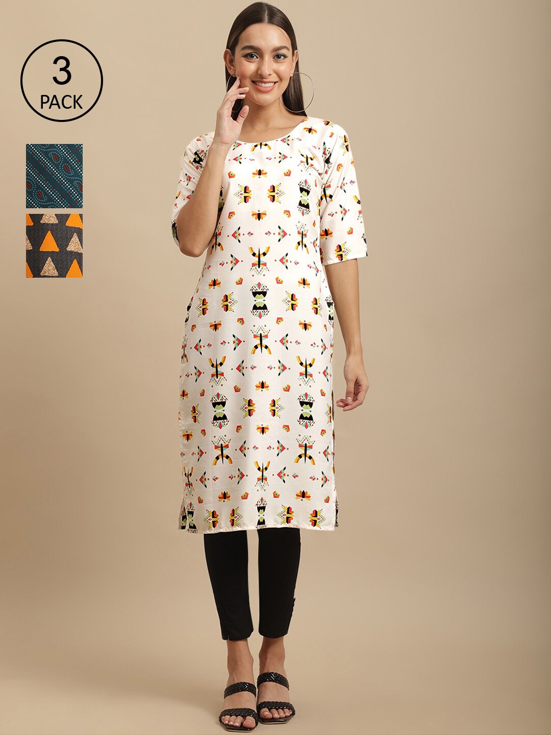 7Threads Women Off White & Charcoal Pack Of 2 Geometric Printed Crepe Kurta