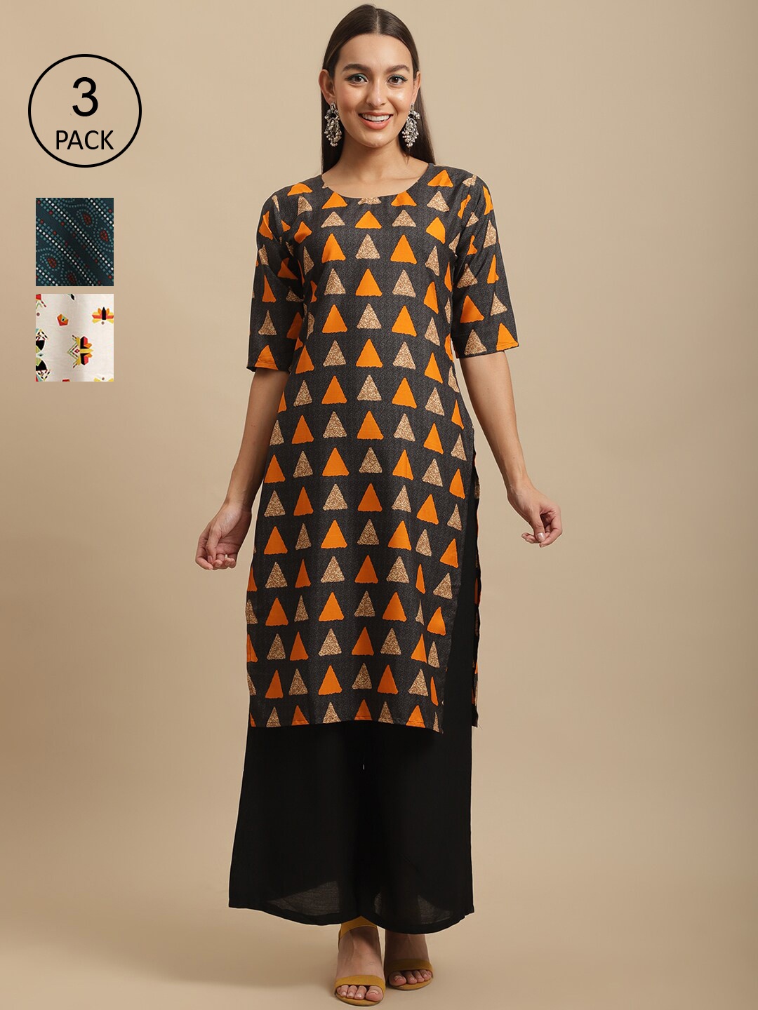 

7Threads Women Pack Of 3 Geometric Printed Crepe Kurta, Charcoal
