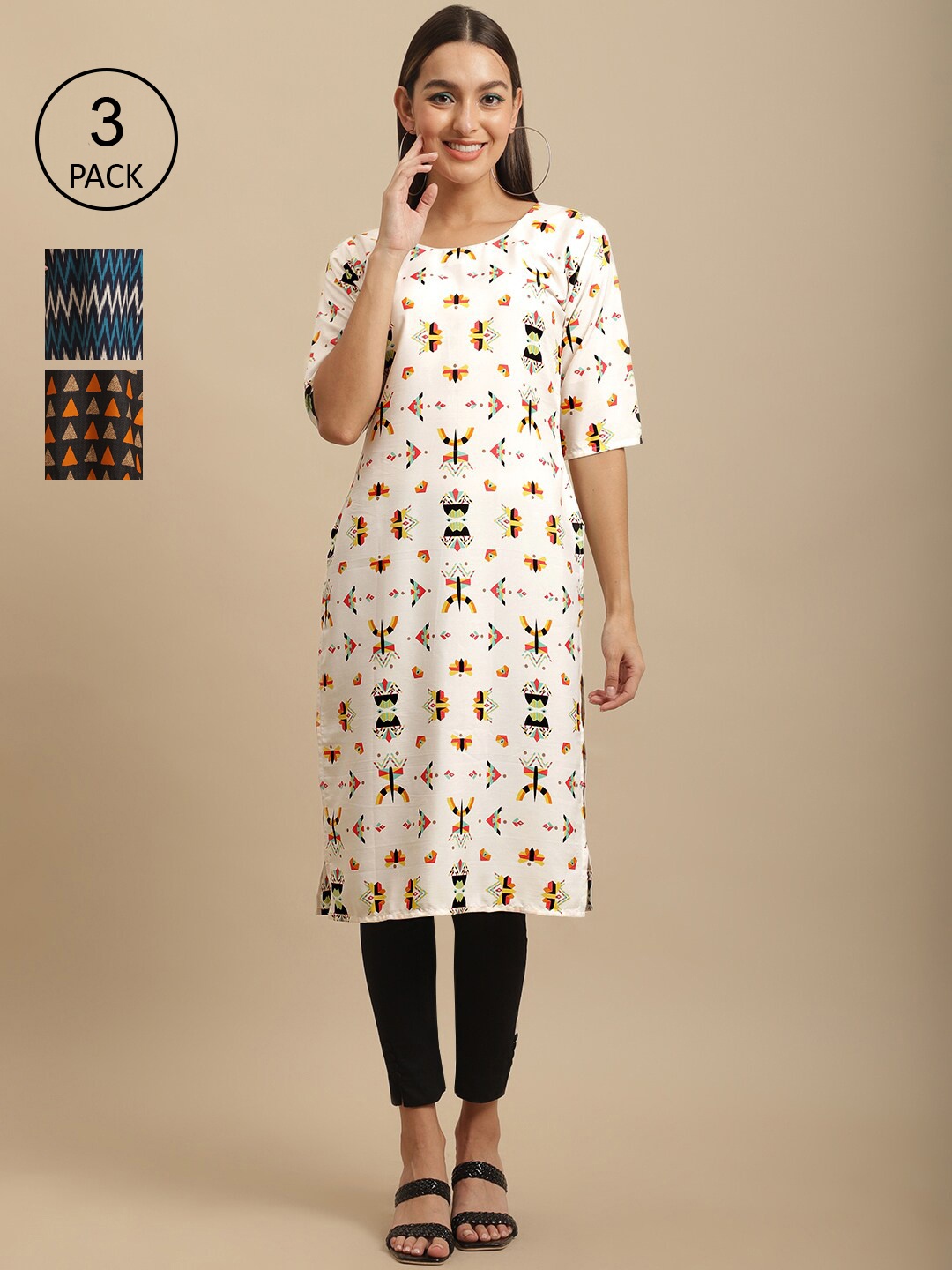 

7Threads Women Pack Of 3 Geometric Printed Crepe Kurta, Off white