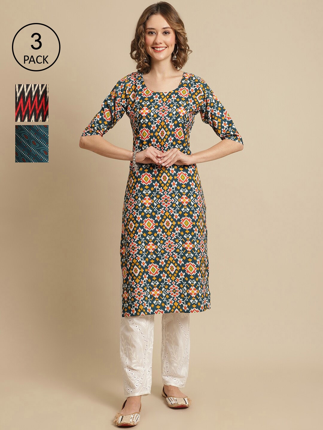 

7Threads Pack Of 3 Ethnic Motifs Printed Crepe Kurta, Green