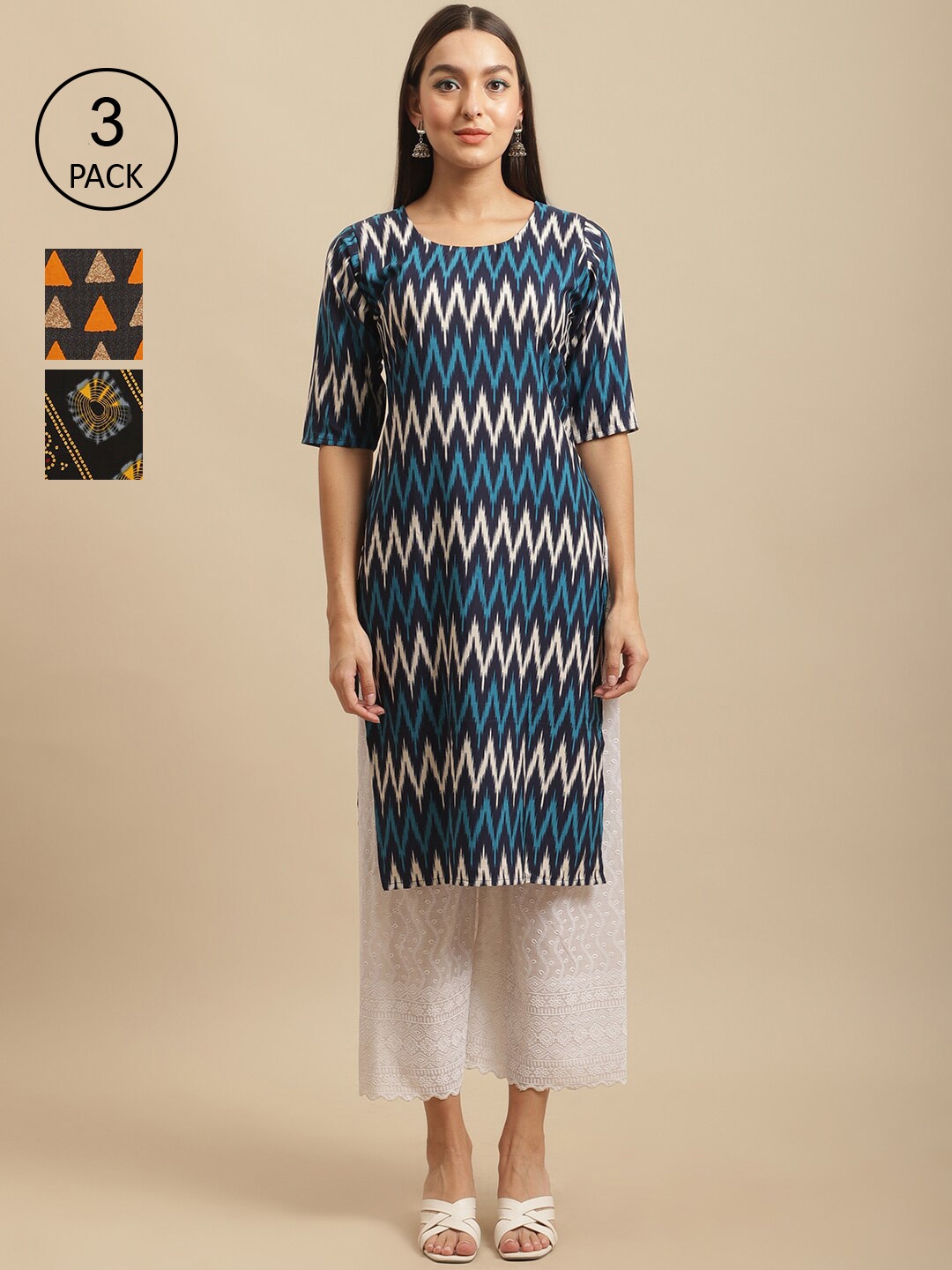 

7Threads Pack Of 3 Chevron Ethnic Motifs Printed Round Neck Crepe Kurtas, Blue