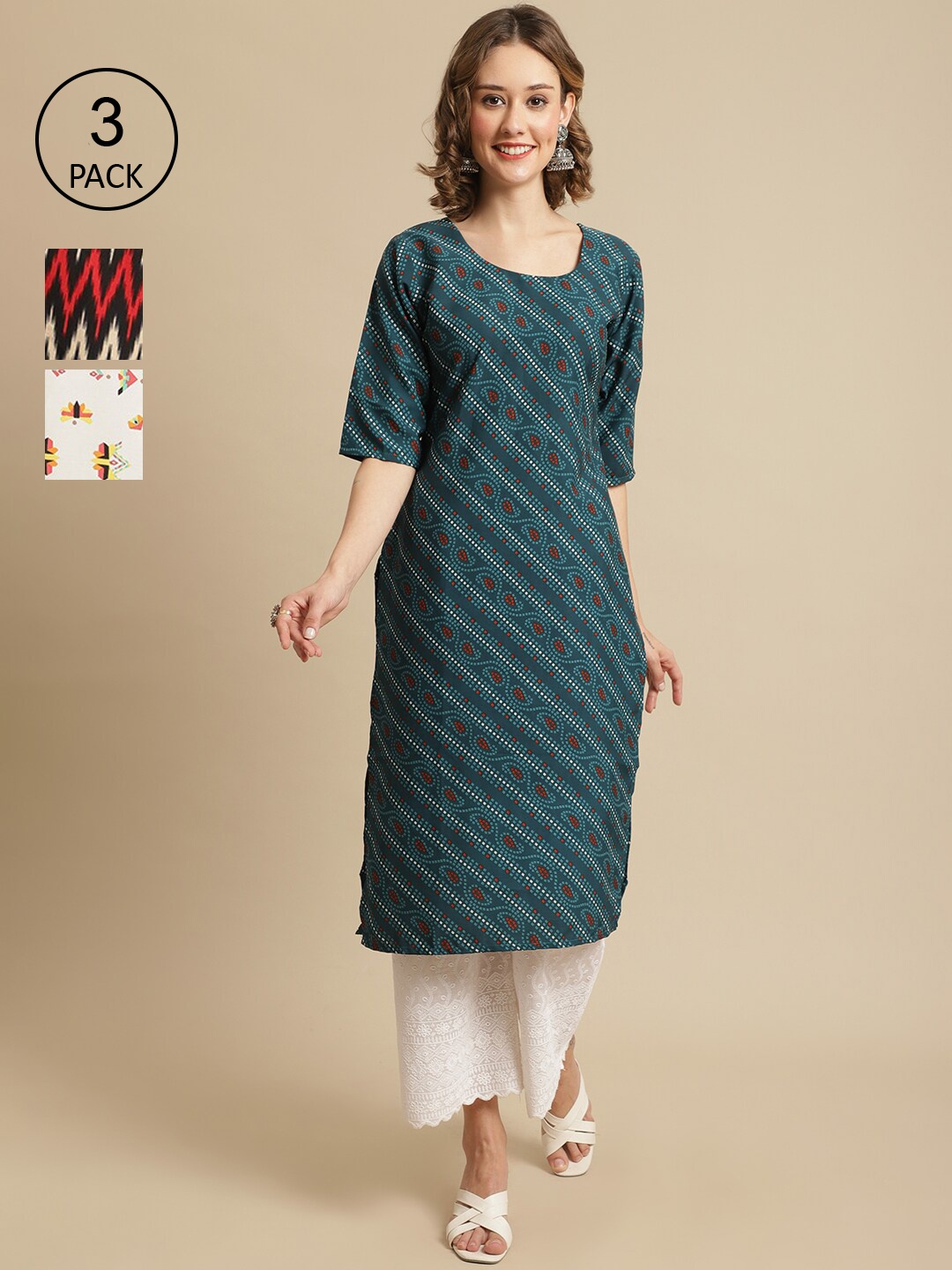 7Threads Pack Of 3 Geometric Printed Straight Crepe Kurtas, Green