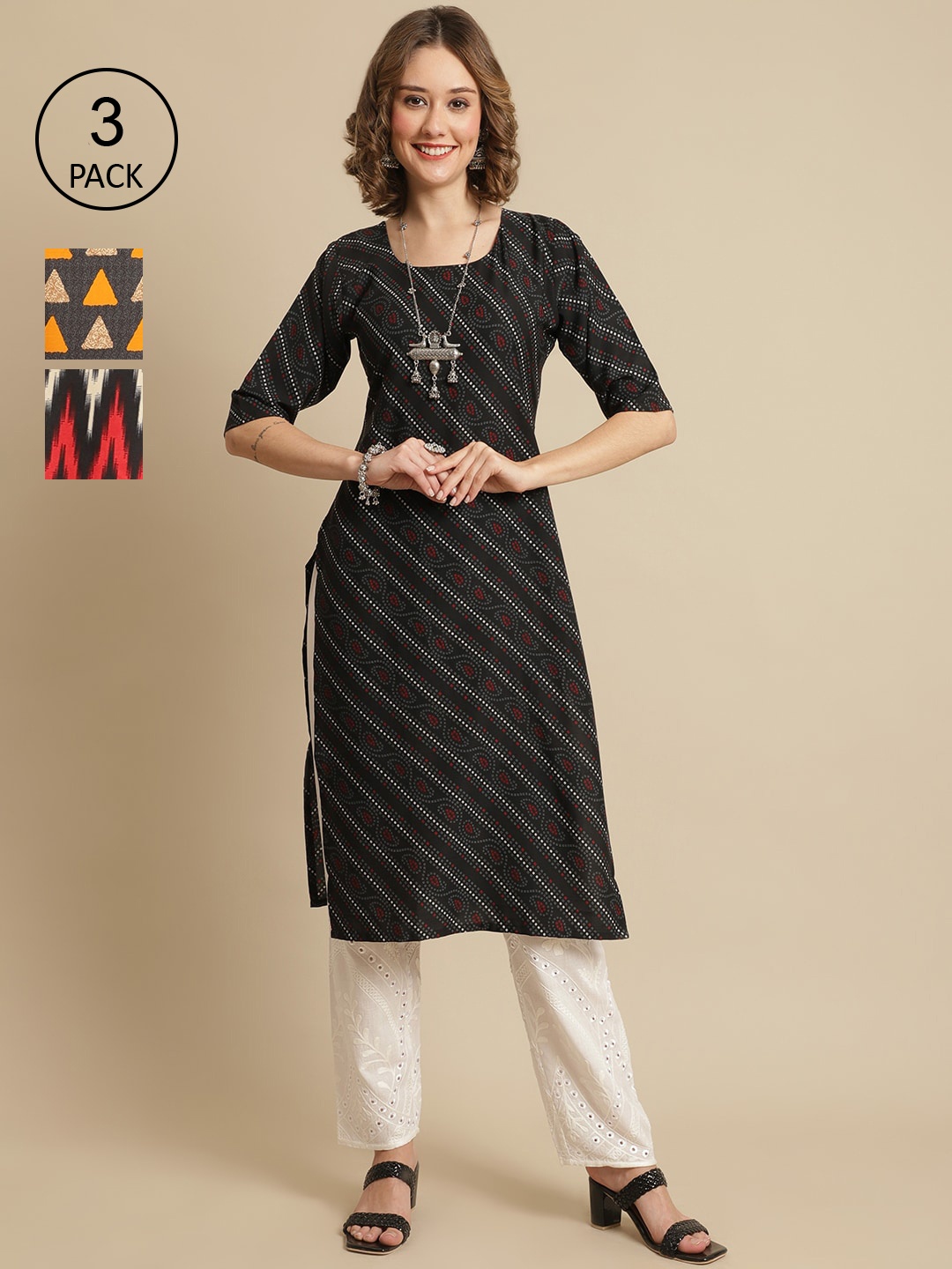 7Threads Pack Of 3 Geometric Printed Straight Regular Crepe Kurtas, Grey
