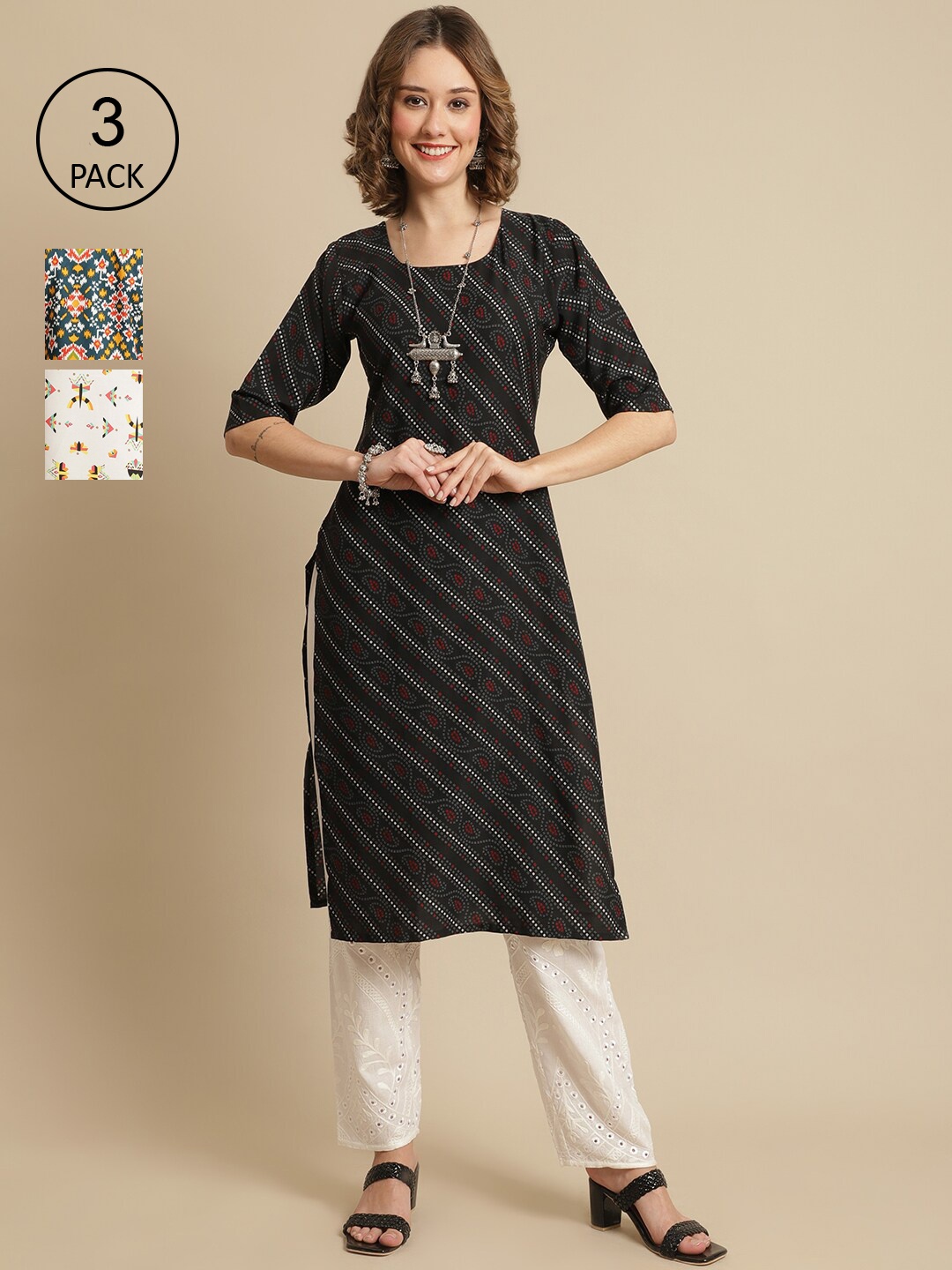 

7Threads Pack Of 3 Ethnic Motifs Printed Crepe Kurtas, Black