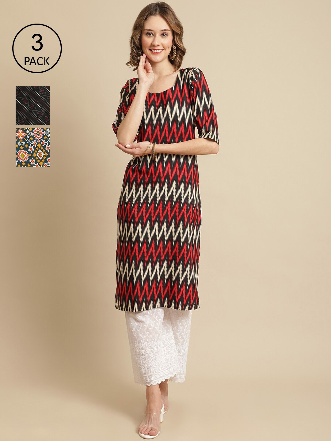 7Threads Women 3 Chevron Printed Block Print Handloom Kurta, Red
