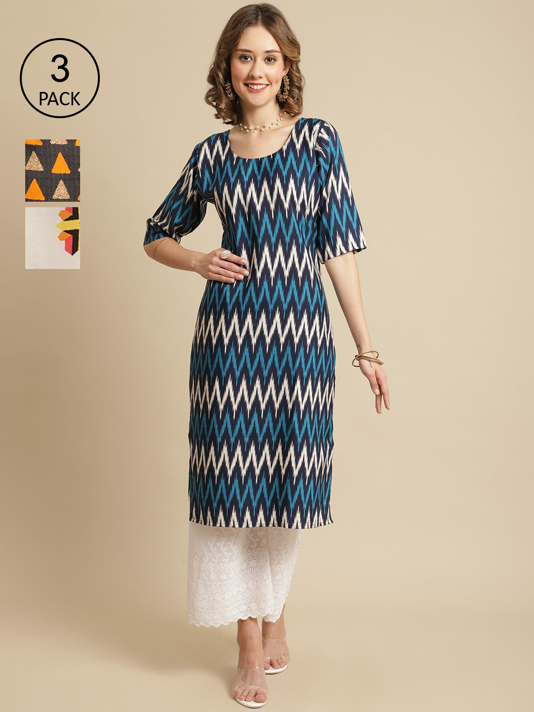

7Threads Pack Of 3 Geometric Crepe Kurtas, Blue