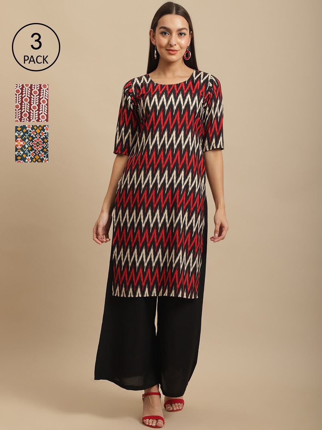 

7Threads Pack Of 3 Geometric Printed Crepe Kurtas, Maroon