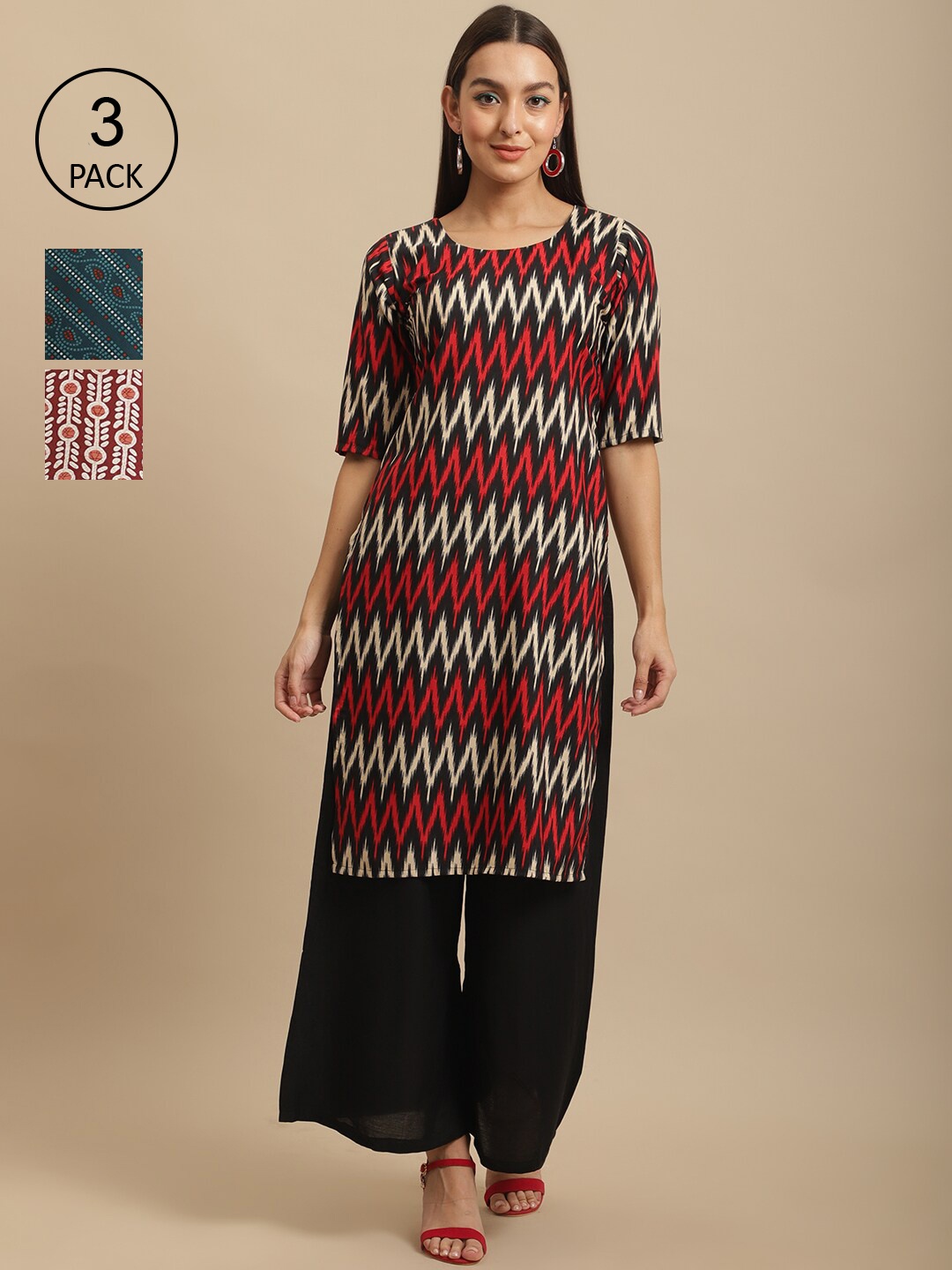 

7Threads Pack Of 3 Printed Straight Regular Crepe Kurtas, Maroon