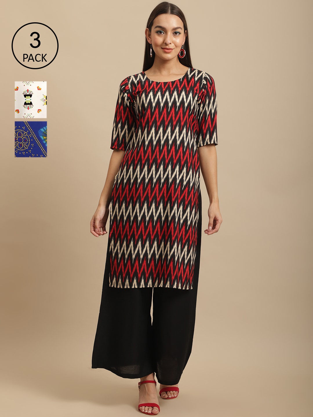 7Threads Pack Of 3 Geometric Printed Crepe Regular Straight Kurtas, Maroon