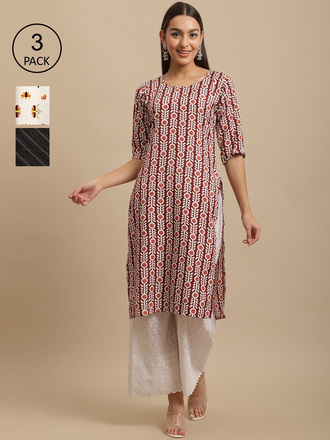 

7Threads Pack Of 3 Geometric Printed Straight Regular Crepe Kurtas, Coral