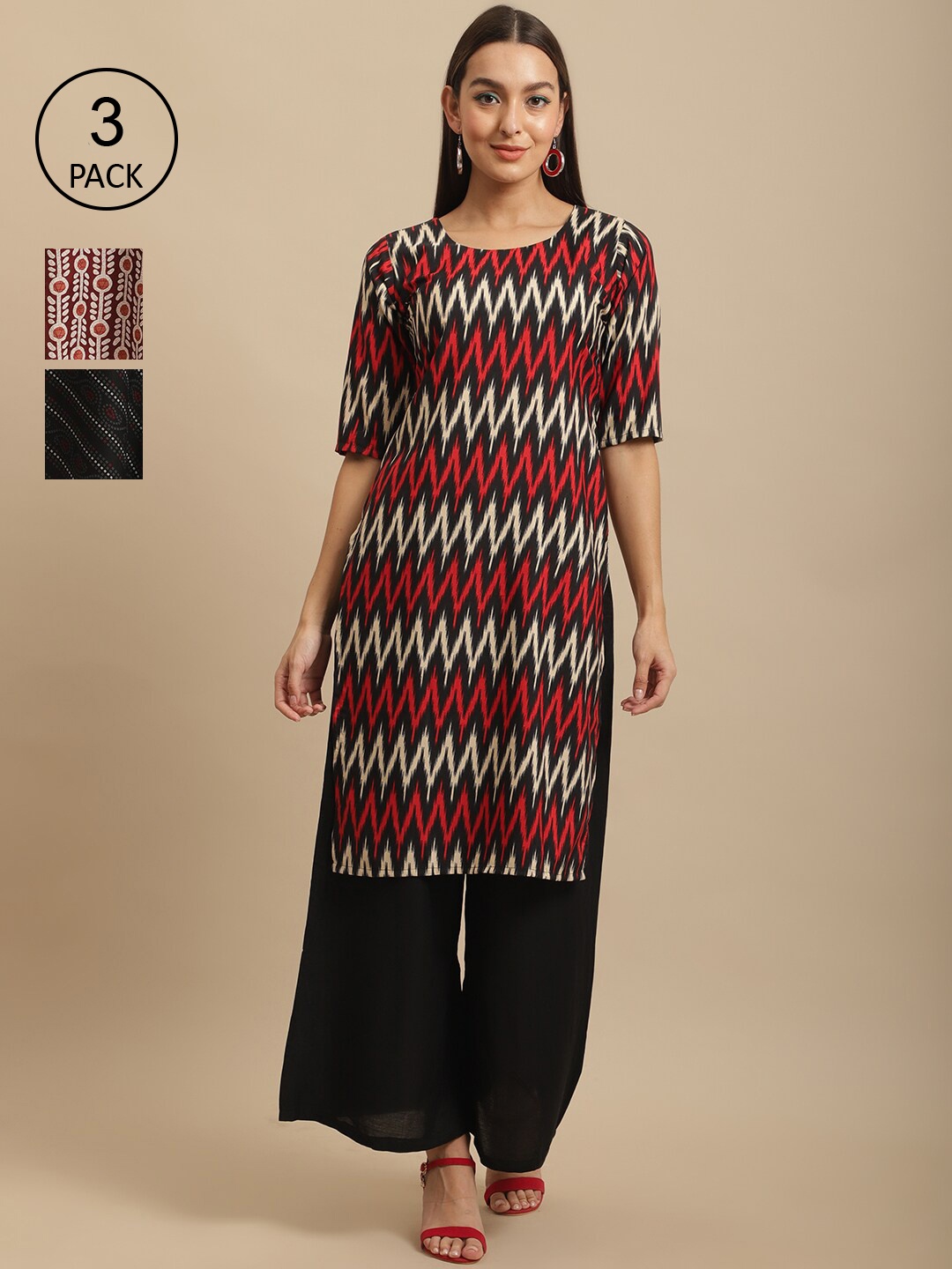 

7Threads Pack Of 3 Geometric Printed Straight Regular Crepe Kurtas, Black
