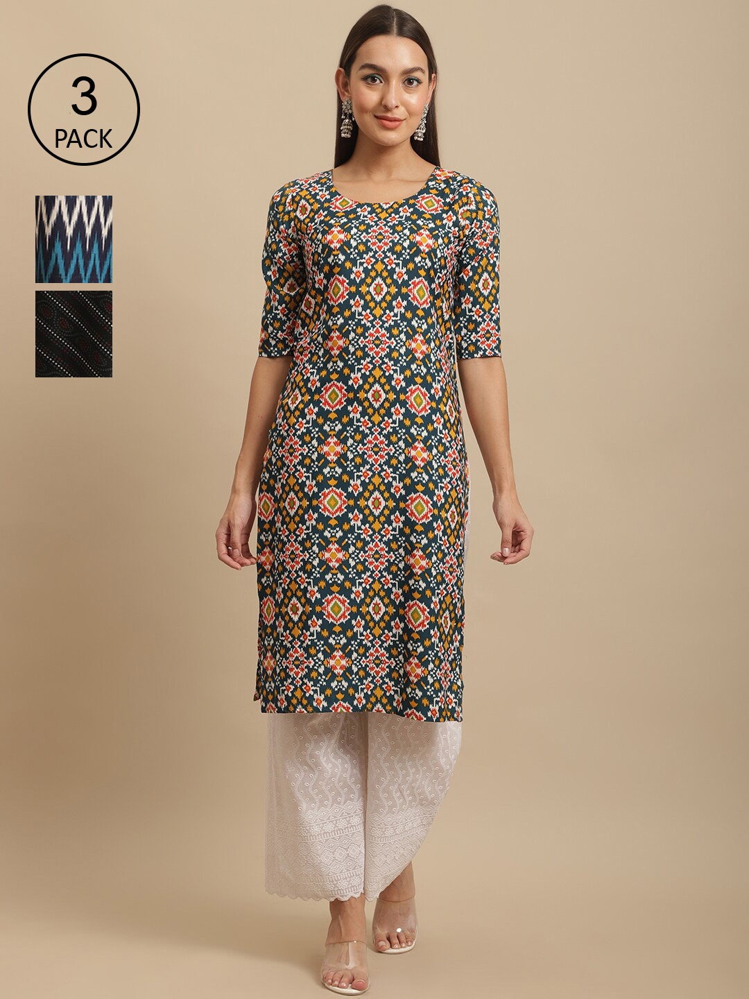 7Threads Women Green & Black Ethnic Motifs Printed Crepe Kurta