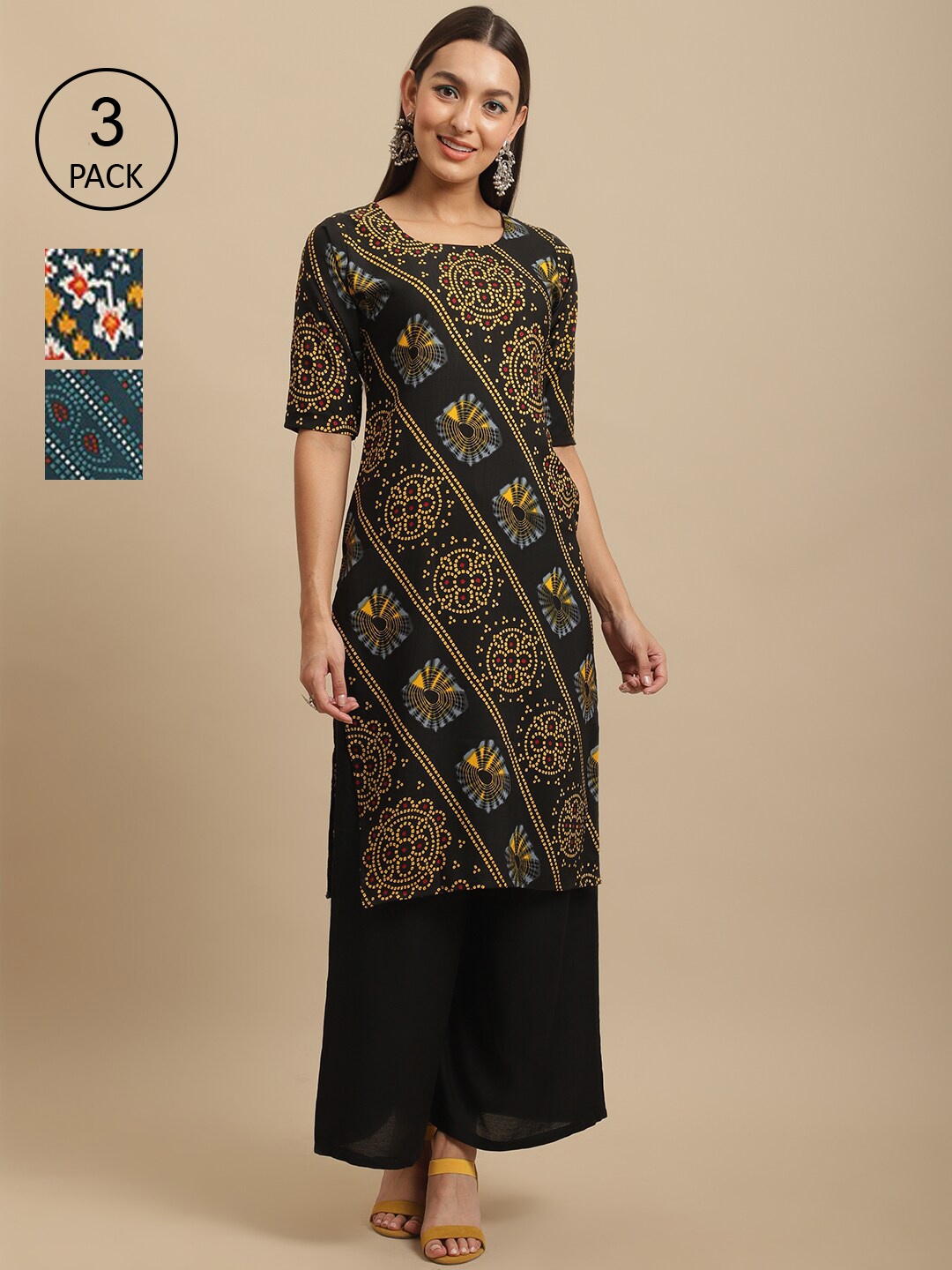 

7Threads Women Black & Green Ethnic Motifs Printed Crepe Kurta