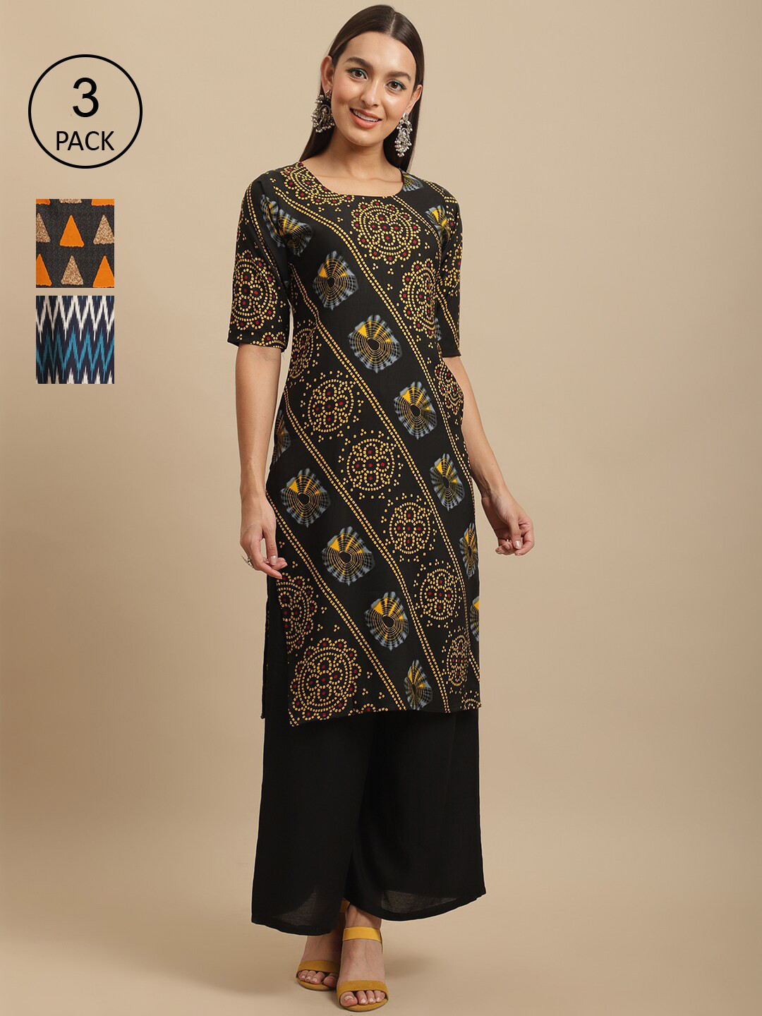 

7Threads Pack Of 3 Ethnic Motifs Printed Straight Crepe Kurta, Black