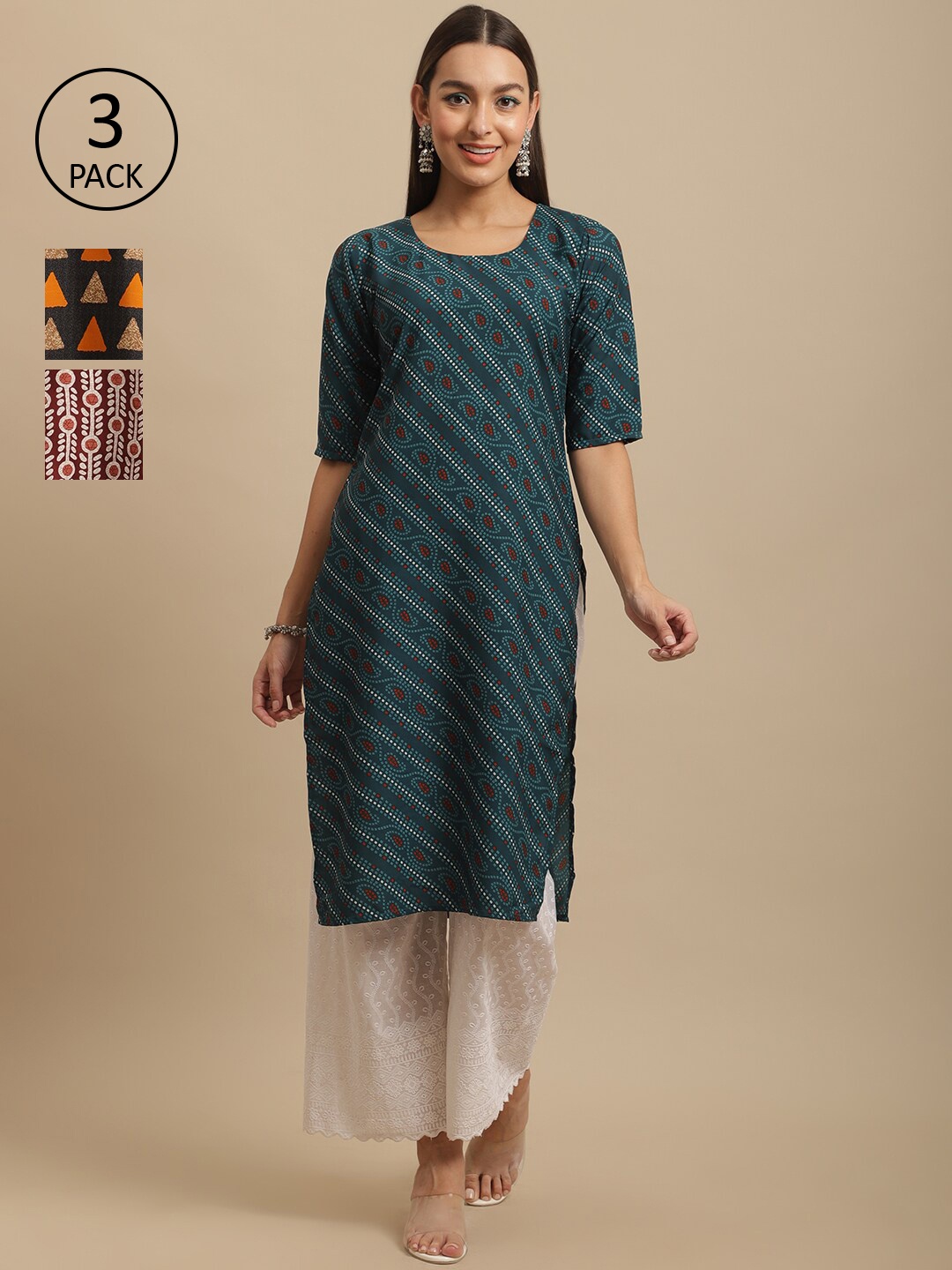 

7Threads Pack Of 3 Ethnic Motifs Printed Crepe Kurta, Green