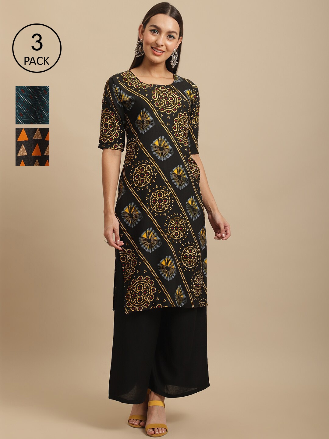 

7Threads Pack Of 3 Ethnic Motifs Printed Straight Crepe Kurta, Black