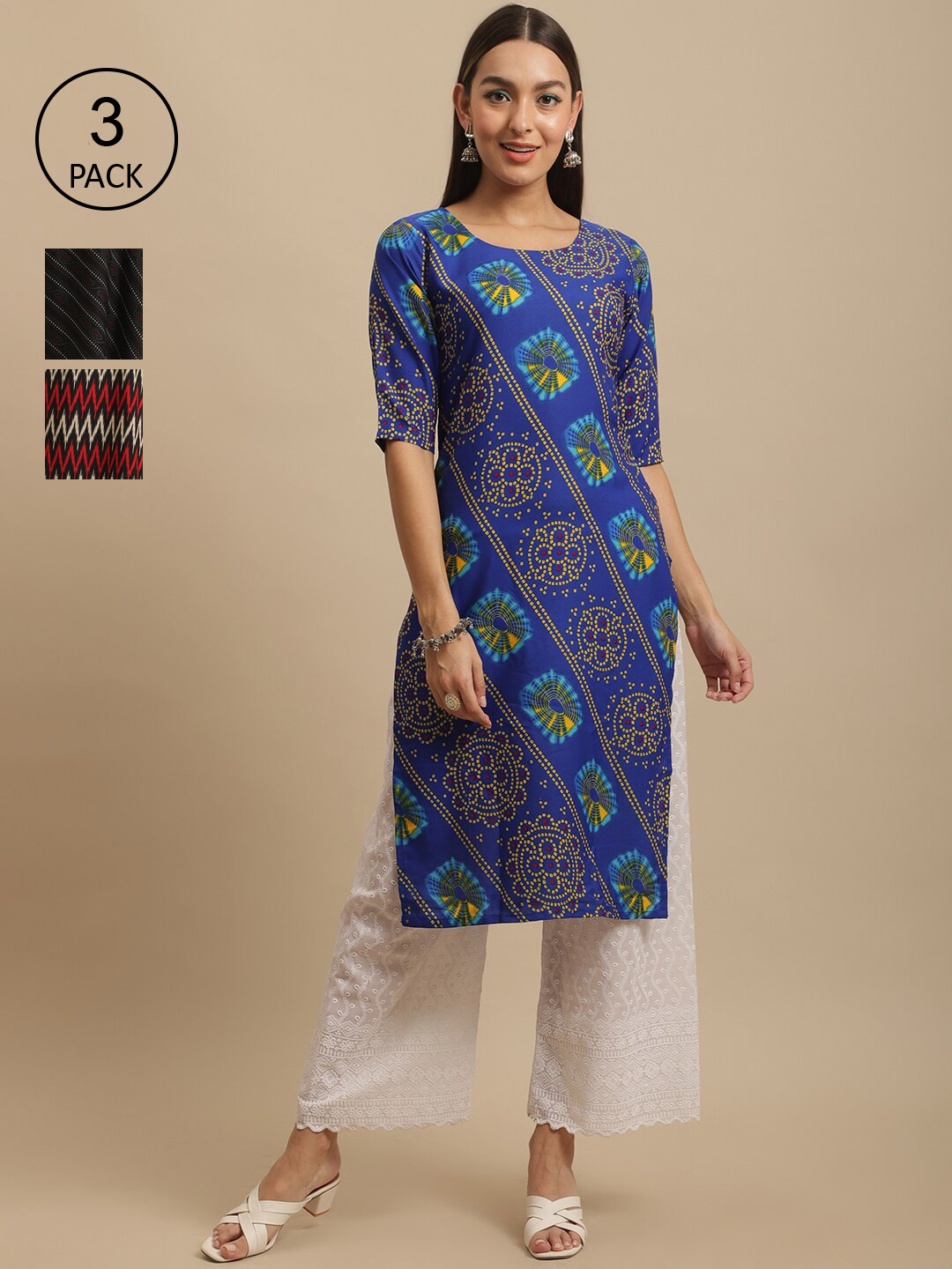 

7Threads Pack Of 3 Ethnic Motifs Printed Straight Regular Crepe Kurta, Blue