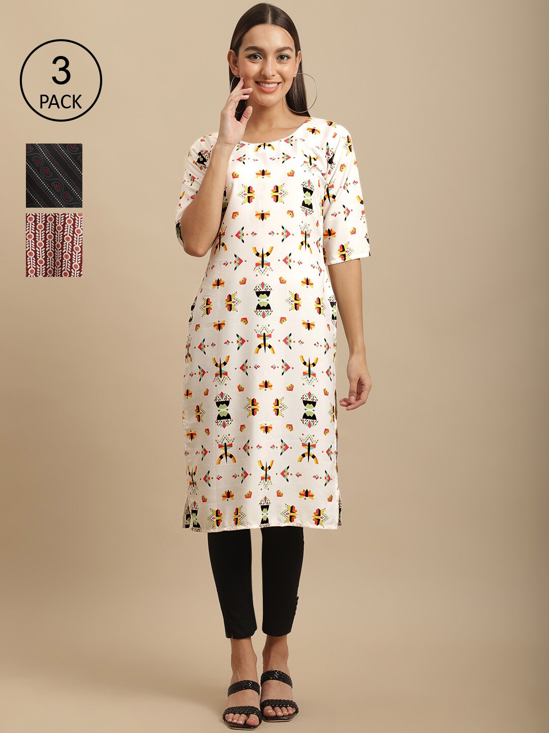 

7Threads Pack Of 3 Ethnic Motifs Printed Crepe Kurta, White