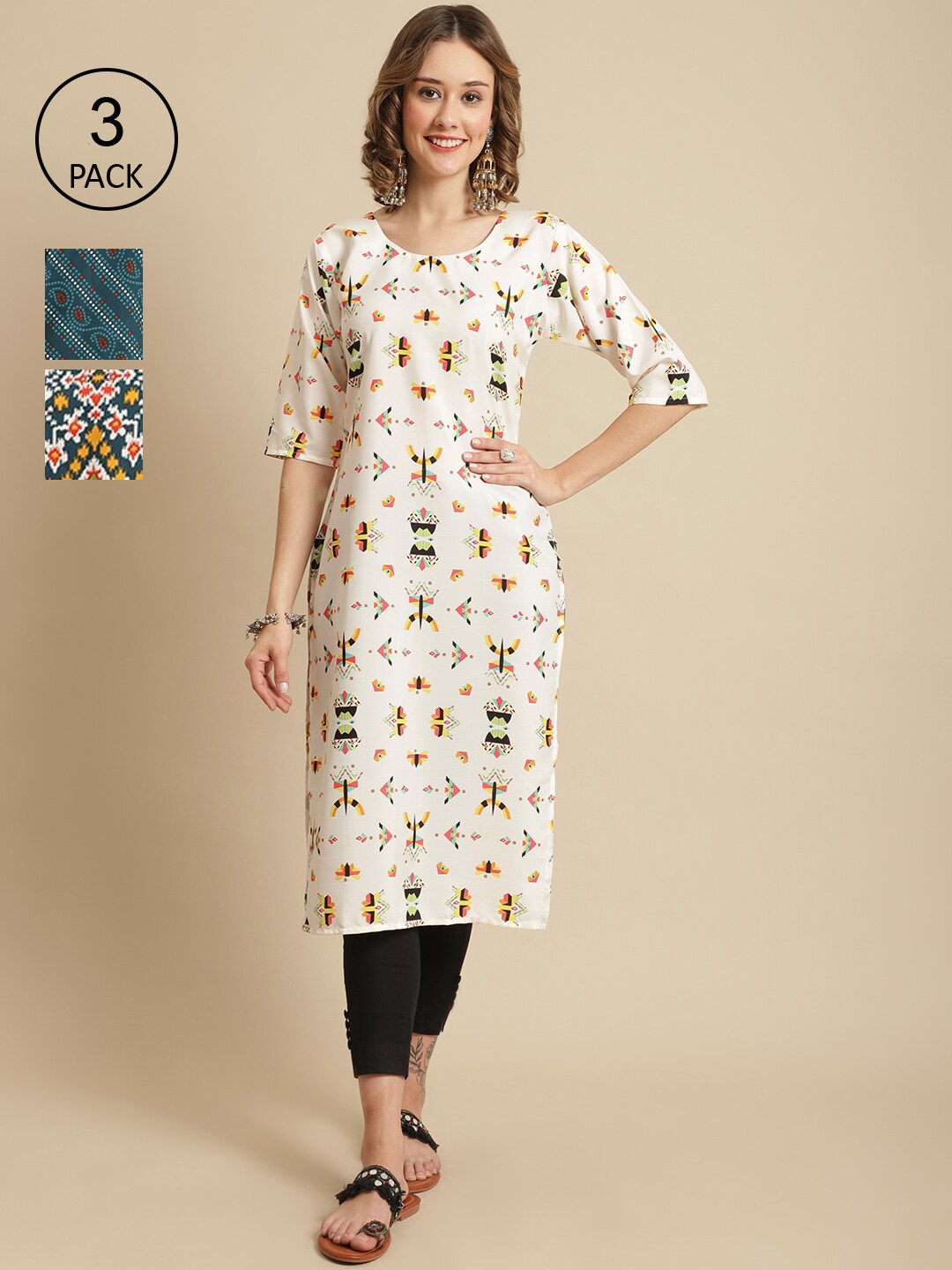 

7Threads Women Pack of 3 Geometric Printed Crepe Kurtas, White