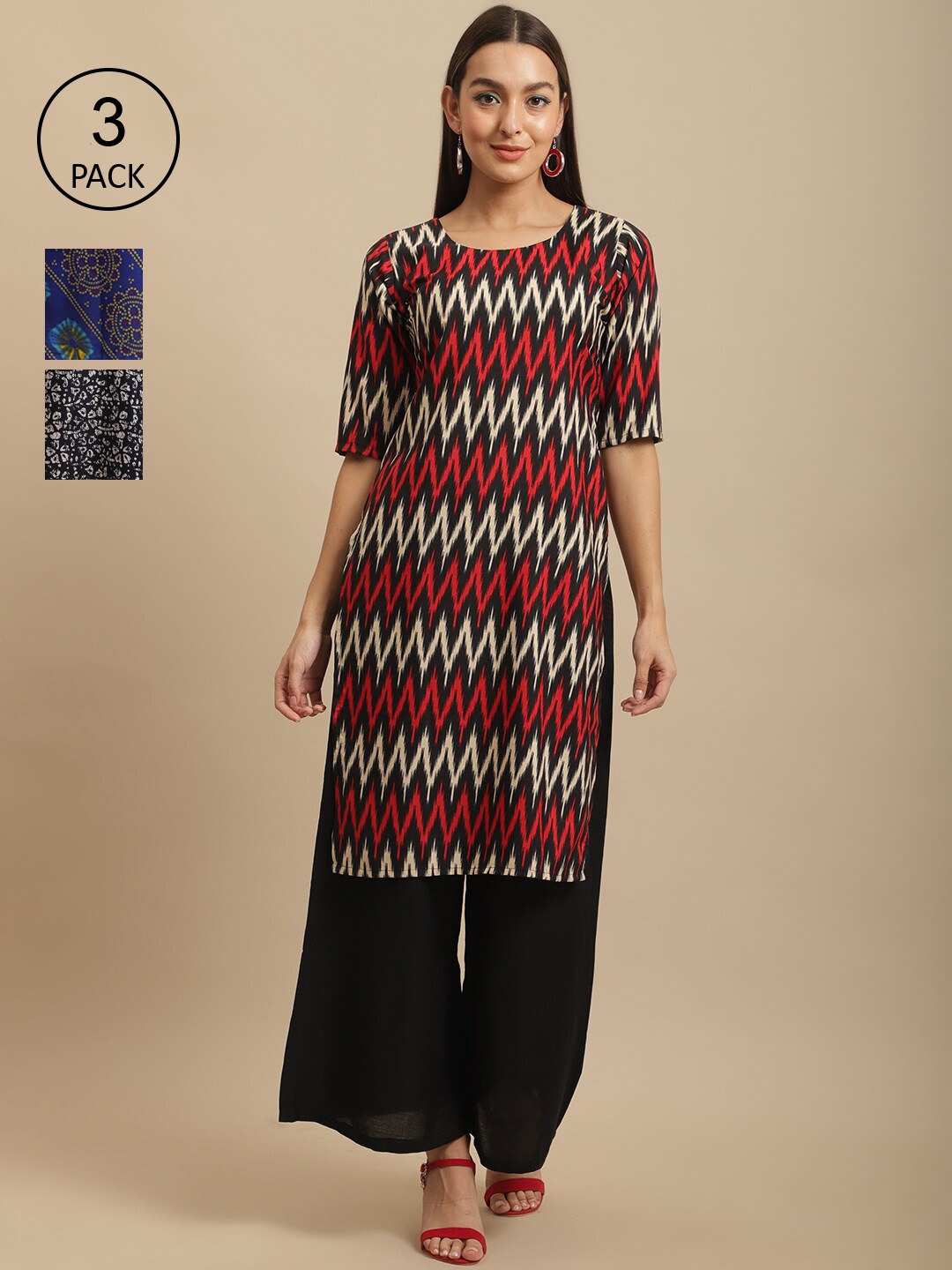 

7Threads Pack Of 3 Geometric Printed Straight Regular Crepe Kurta, Red